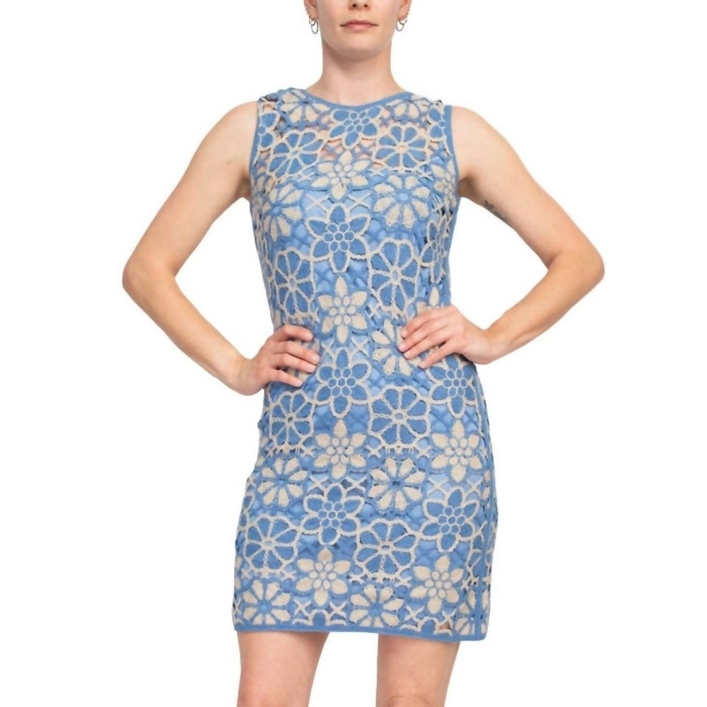 Blue Floral Crochet Sleeveless Mini Shift Dress Boho Coastal Beach‎ Summer L